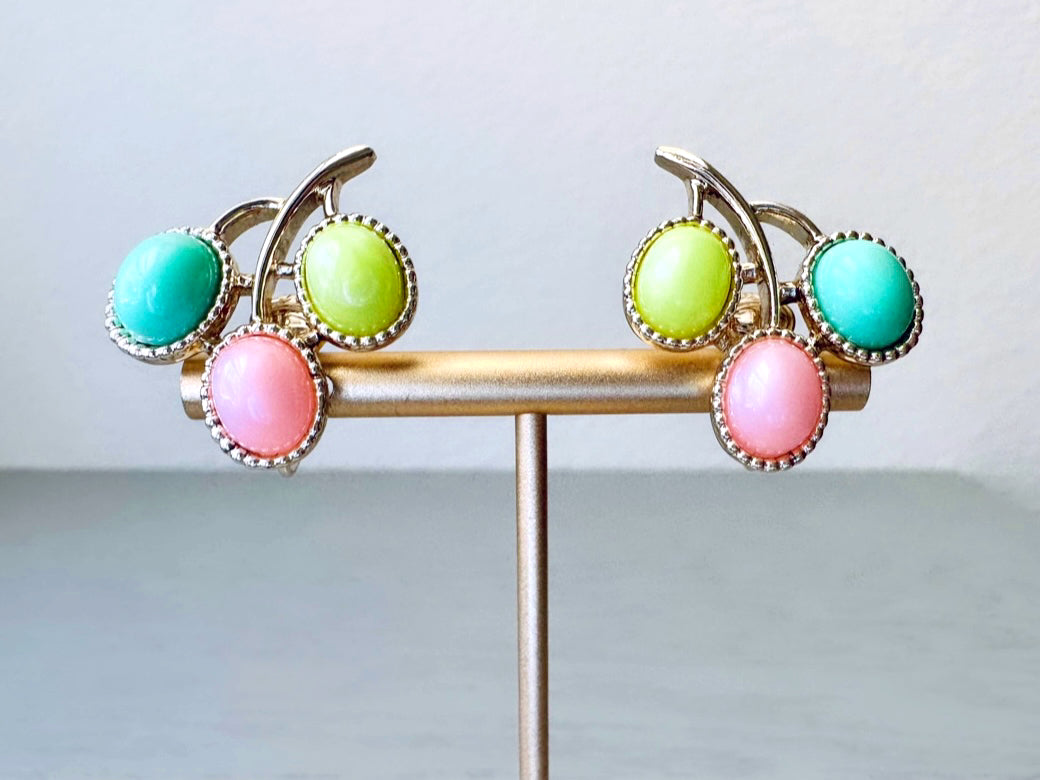 1973 Pastel Pink, Mint & Chartreuse Gold Plated Earrings from Sarah Coventry's Colorful "Candyland" Collection from Piggle and Pop