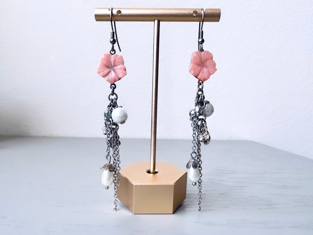 1990s Silver and Pink Flower Dangle Earrings from Piggle and pop