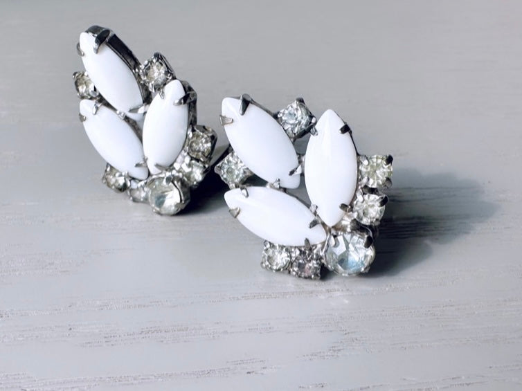 1950s Vintage Milk Glass Earrings, Diamond Rhinestone Clip on Earrings by Piggle and Pop