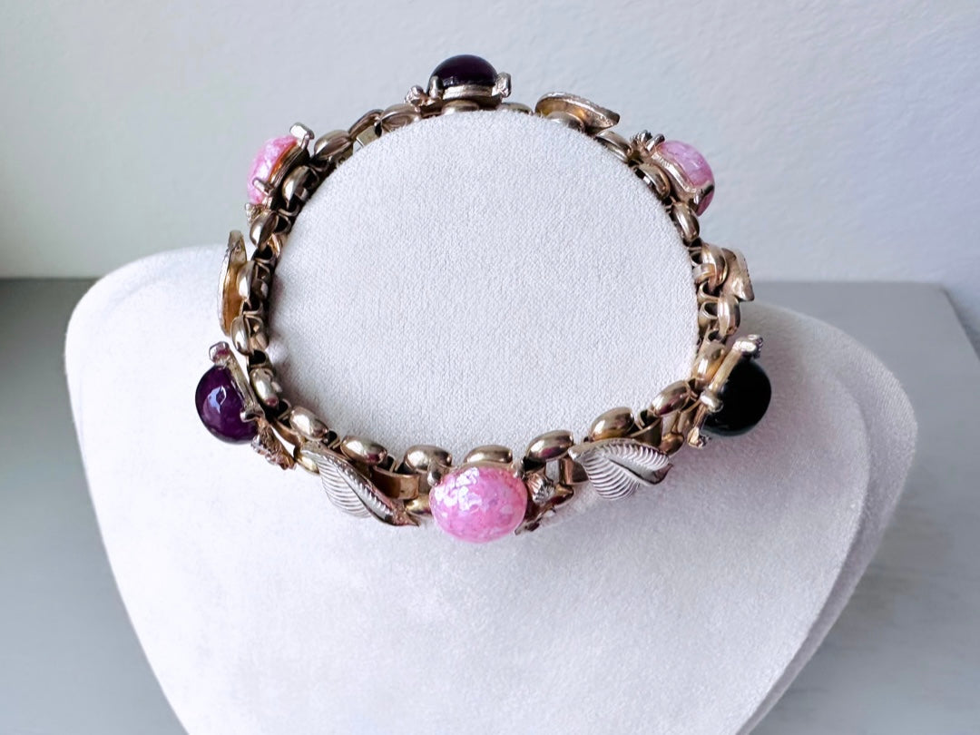 Pink Confetti Lucite and Purple Stone Bracelet, Gold Vintage 1950s Bracelet with White Enamel Leaves, Tiny Flowers, Rhinestones.