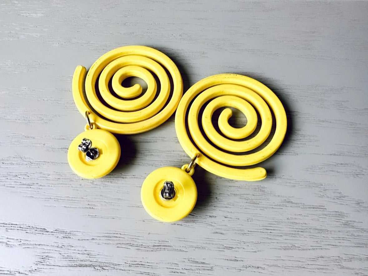 Yellow Spiral Earrings, Big Fun Retro Earrings, Bold Mod Pop Vintage 1960's Earrings, Yellow Pierced Post Earrings