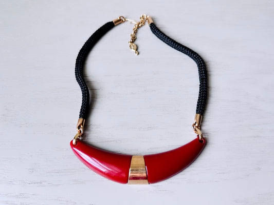 Vintage 70s New Yorker Necklace,  Red and Gold Necklace with Black Cord, 1976 Vintage, Sarah Coventry Vintage Necklace
